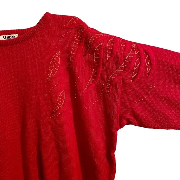 Vintage YES Tunic Sweater Red Size Small 80s Embroidered Oversized Crewn… - Picture 2 of 8